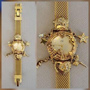 VTG Kirks Folly 1994 Angel Time Watch 15th Anniv Goldtone Charms Cherub Heart